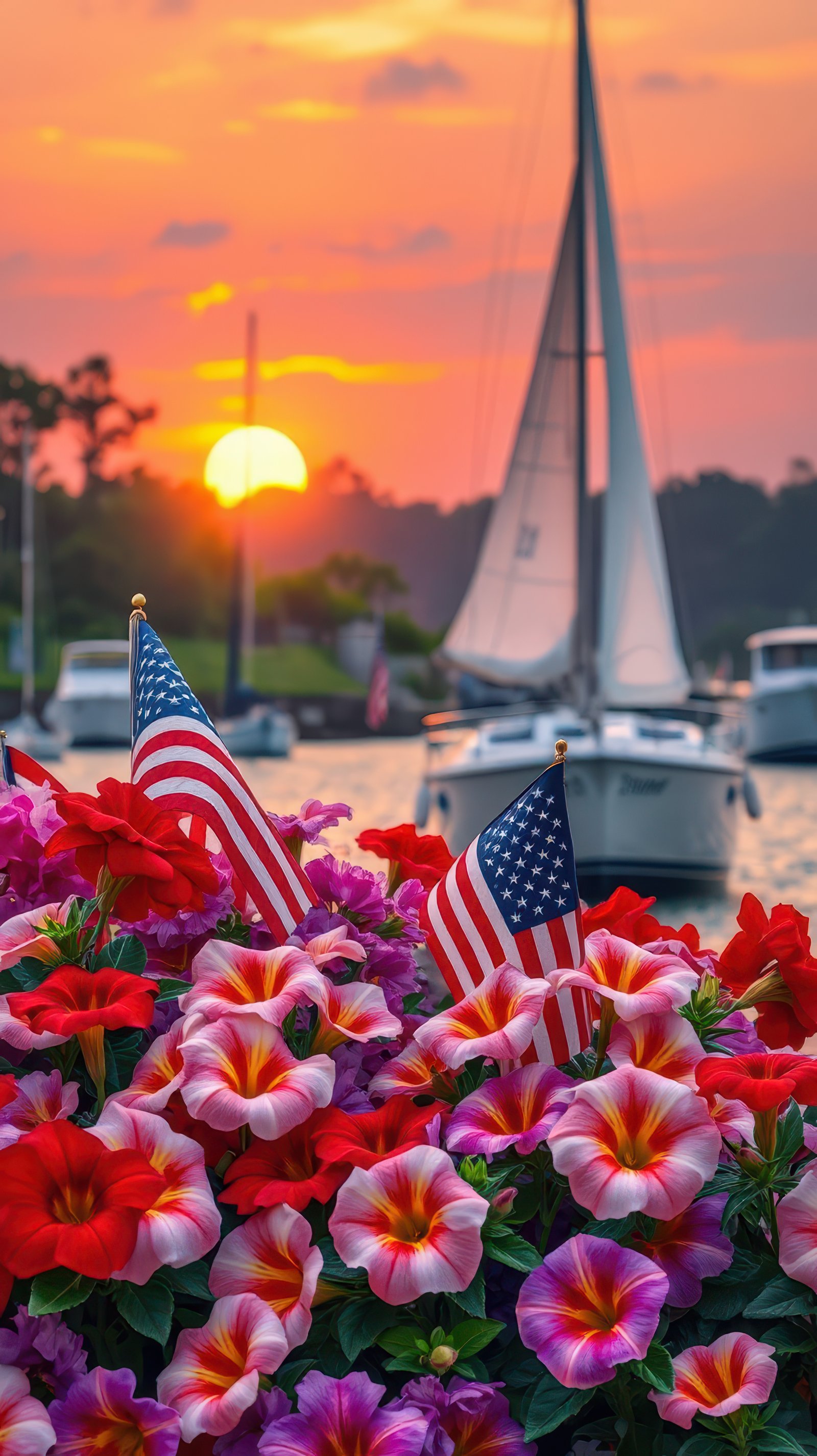 Colorful flowers with flags next to boats at sunset by the water in a tranquil harbor setting